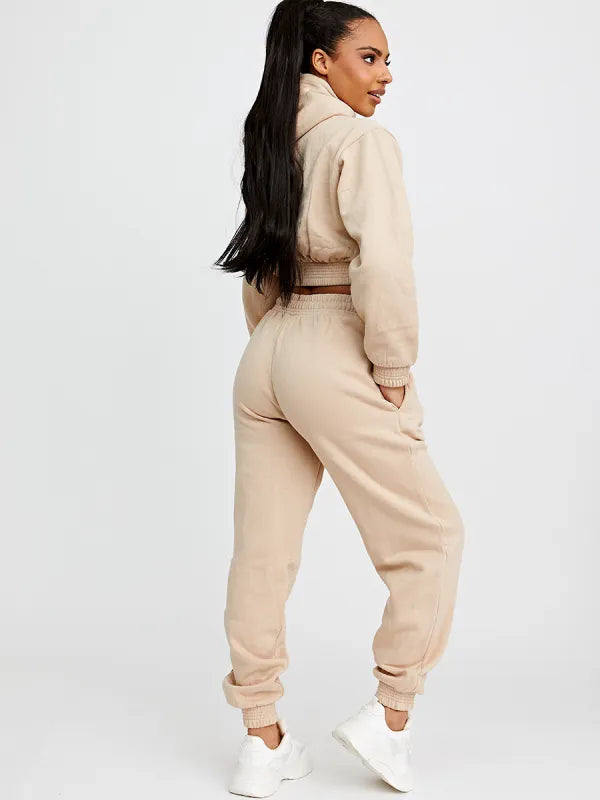 Beige Cropped Hoodie Jogger Fleece Loungewear Co ord