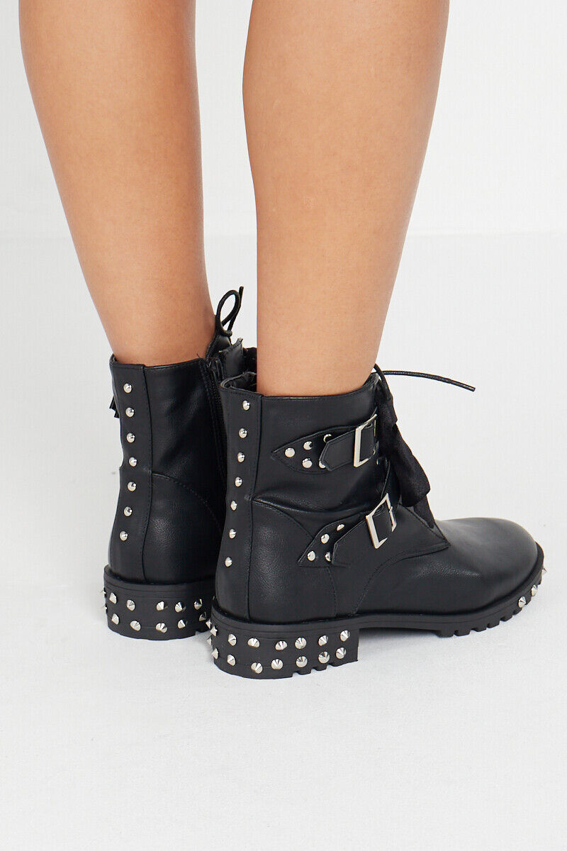 Black Chunky Sole Double Buckle Studded Sliders –