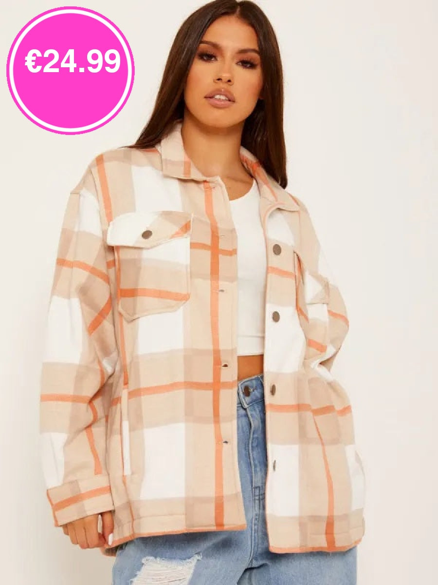 Beige Oversized Checked Shirt Jacket