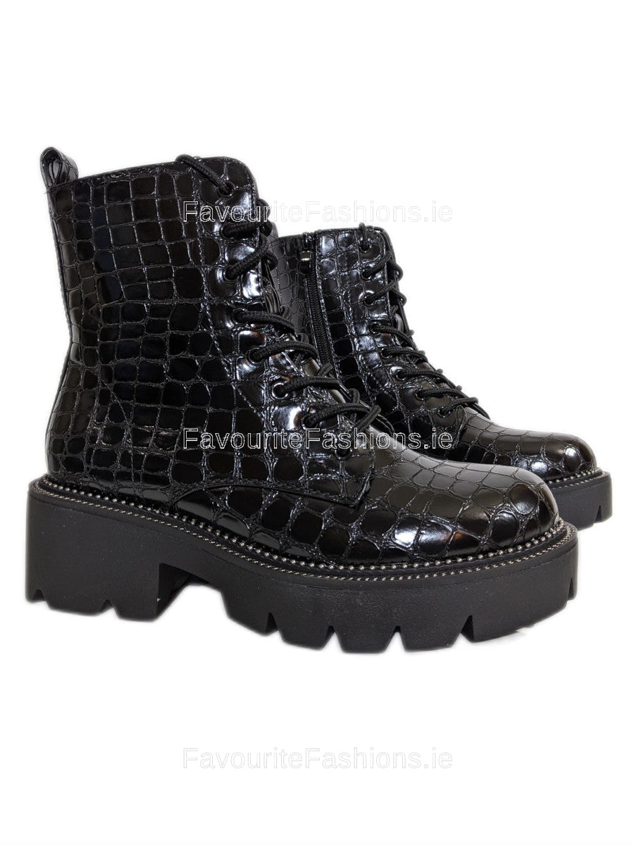 Black chunky croc embossed ankle clearance boots