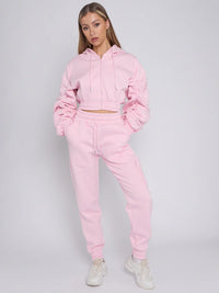 Baby Pink Cropped Ruched Sleeve Hoodie & Jogger Co-ord Loungewear Set