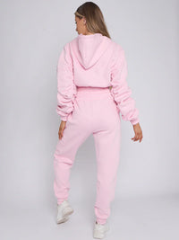 Baby Pink Cropped Ruched Sleeve Hoodie & Jogger Co-ord Loungewear Set