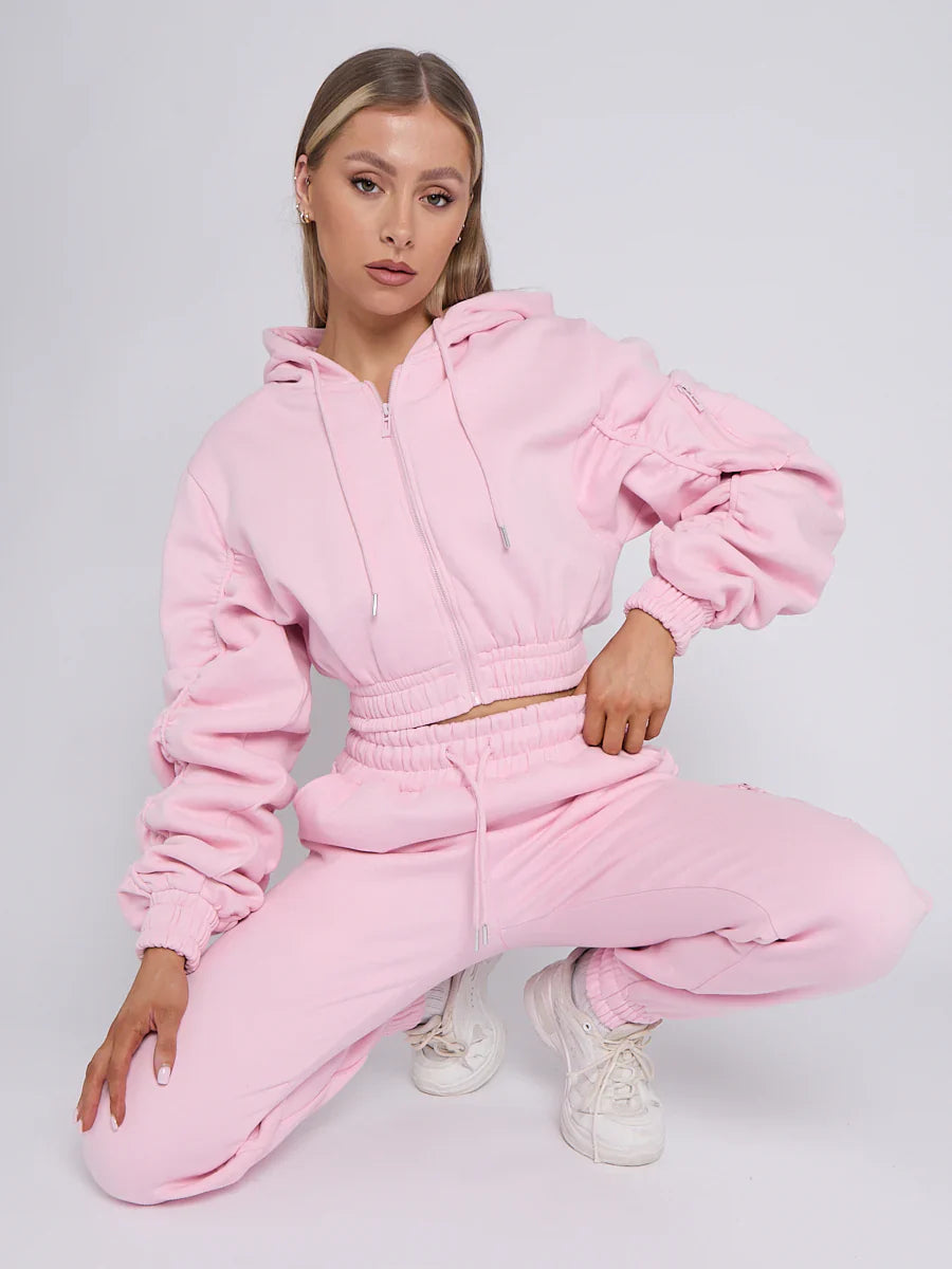 Baby Pink Cropped Ruched Sleeve Hoodie & Jogger Co-ord Loungewear Set