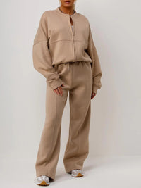 Beige Bomber Style Jacket & Wide Leg Bottoms Co-ord Loungewear Set