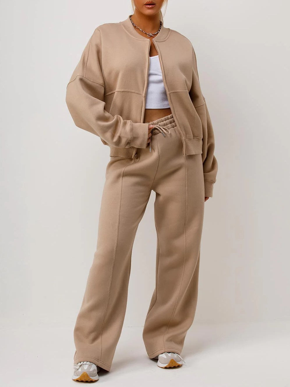 Beige Bomber Style Jacket & Wide Leg Bottoms Co-ord Loungewear Set