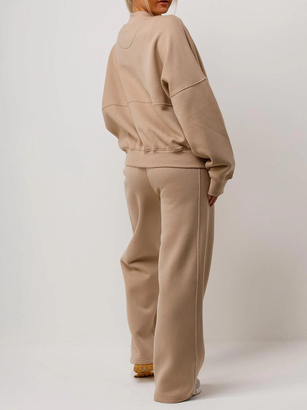 Beige Bomber Style Jacket & Wide Leg Bottoms Co-ord Loungewear Set