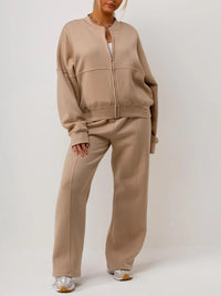 Beige Bomber Style Jacket & Wide Leg Bottoms Co-ord Loungewear Set