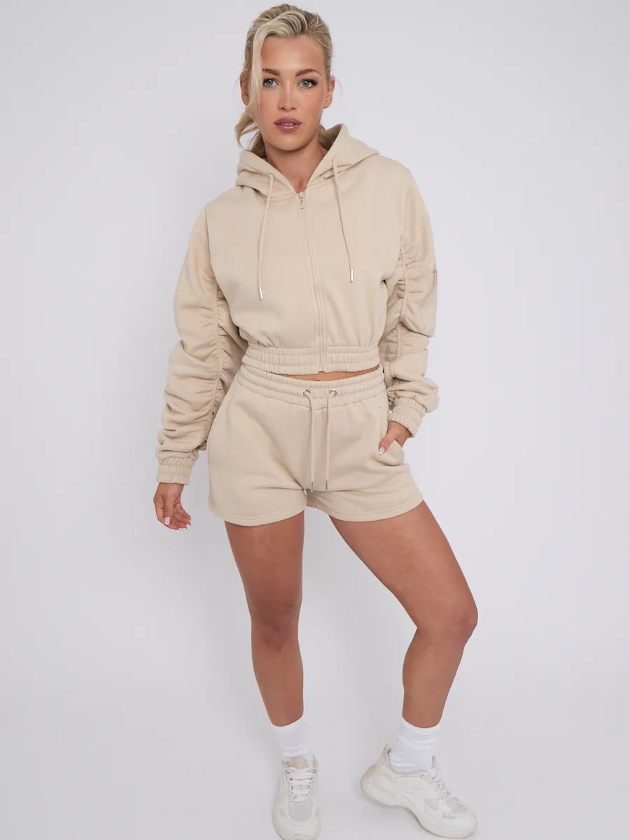 Beige Cropped Ruched Sleeve Hoodie & Shorts Loungewear Co-ord