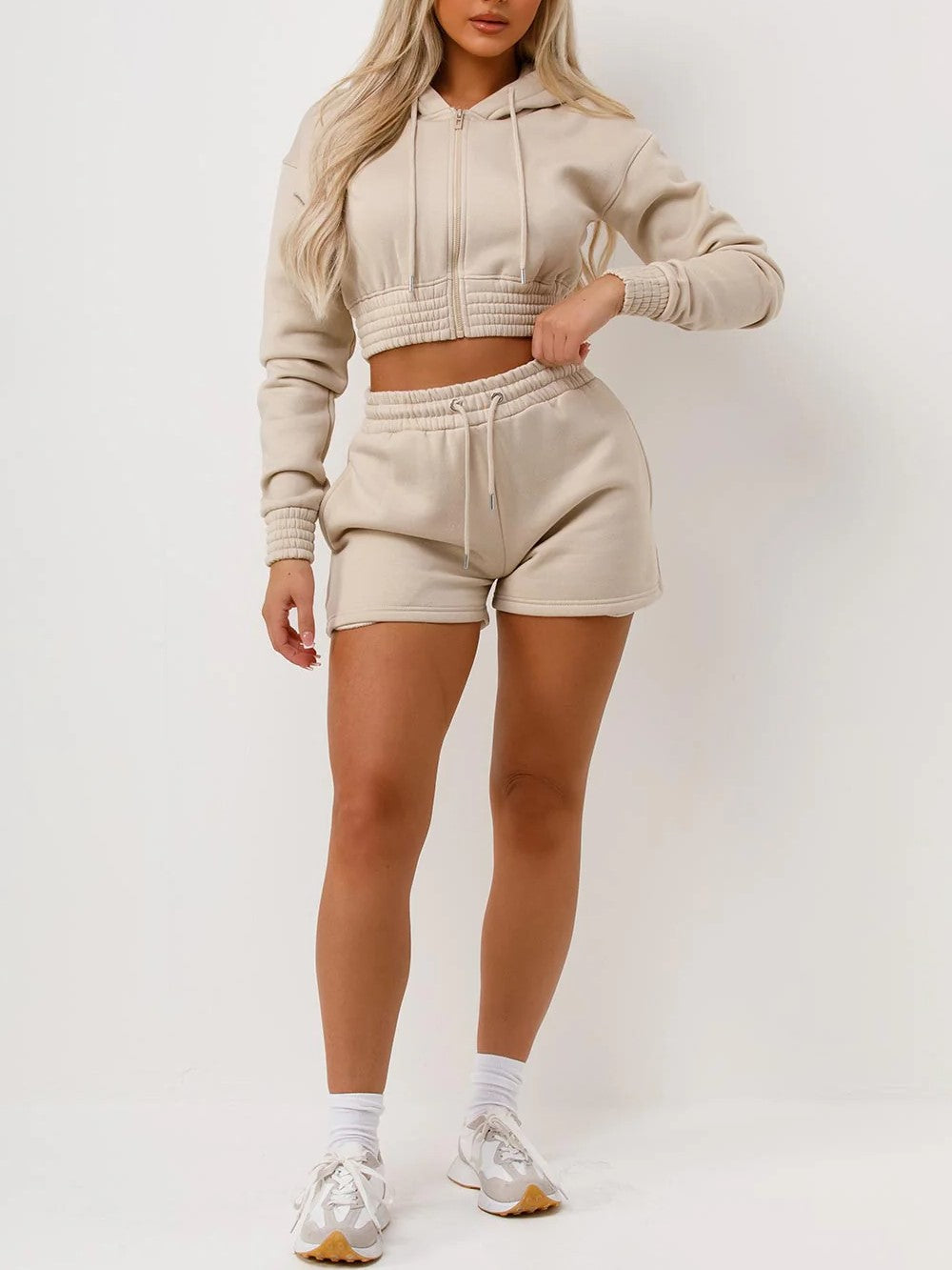 Beige Cropped Zip Up Hoodie & Shorts Loungewear Co-ord