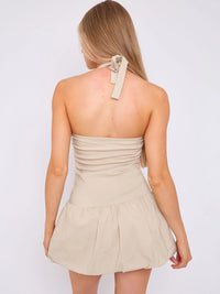 Beige Halter Puffed Hem Mini Balloon Dress