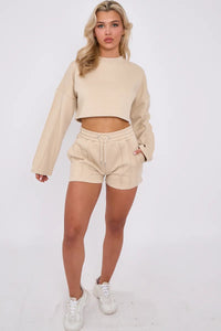 Beige Seam Detail Oversized Crop Jumper & Shorts Loungewear Co-ord