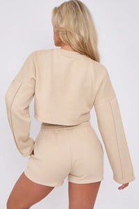 Beige Seam Detail Oversized Crop Jumper & Shorts Loungewear Co-ord