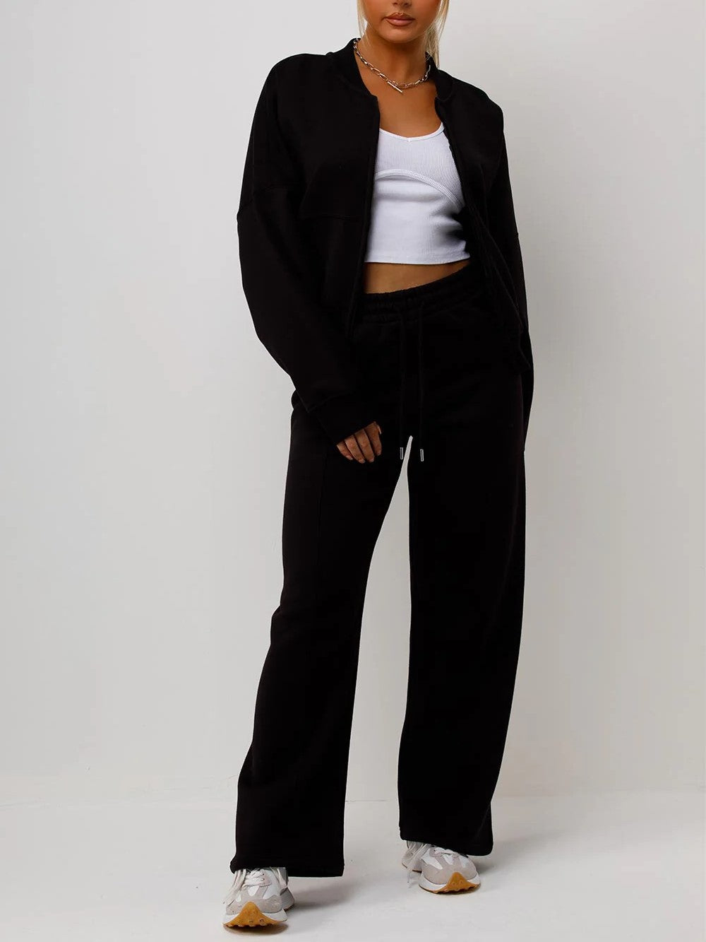 Black Bomber Style Jacket & Wide Leg Bottoms Co-ord Loungewear Set