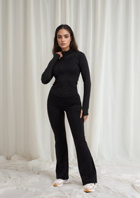 Black Buttery Soft Ruched Contour Flare Trousers and Sports Jacket Co-Ord