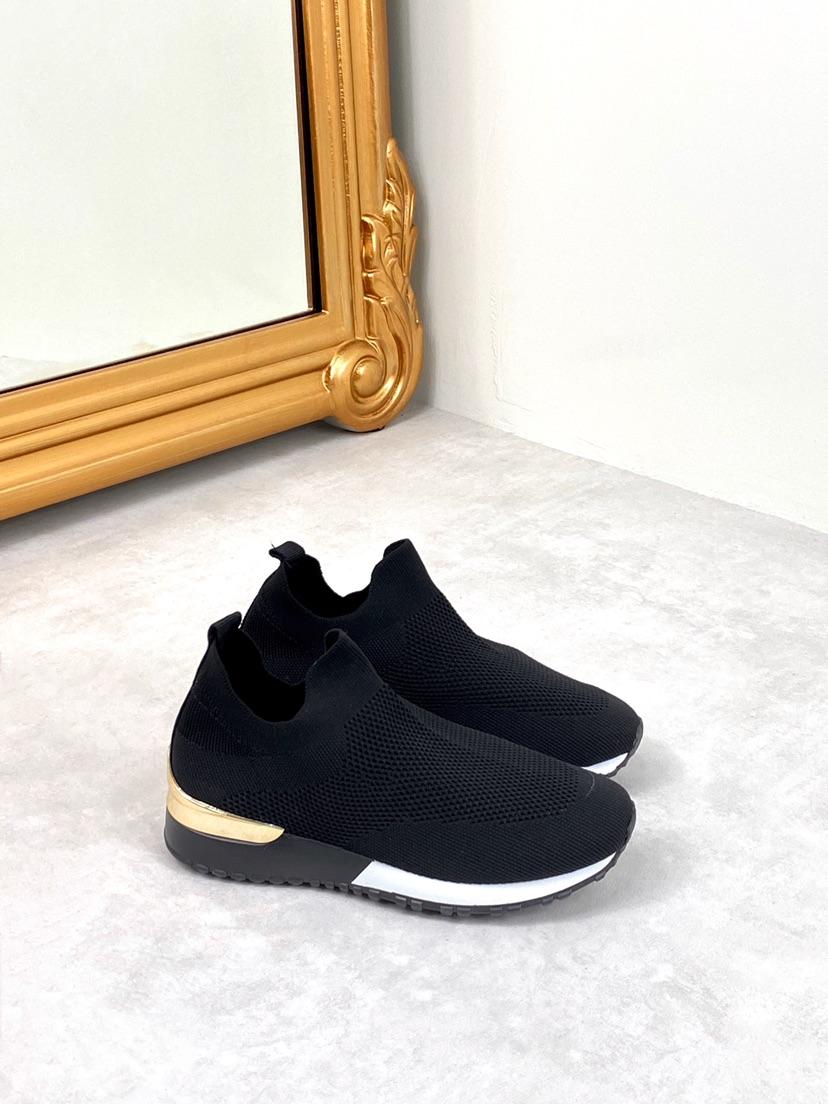 Black Comfortable Knit Gold Bar Slip On Trainers