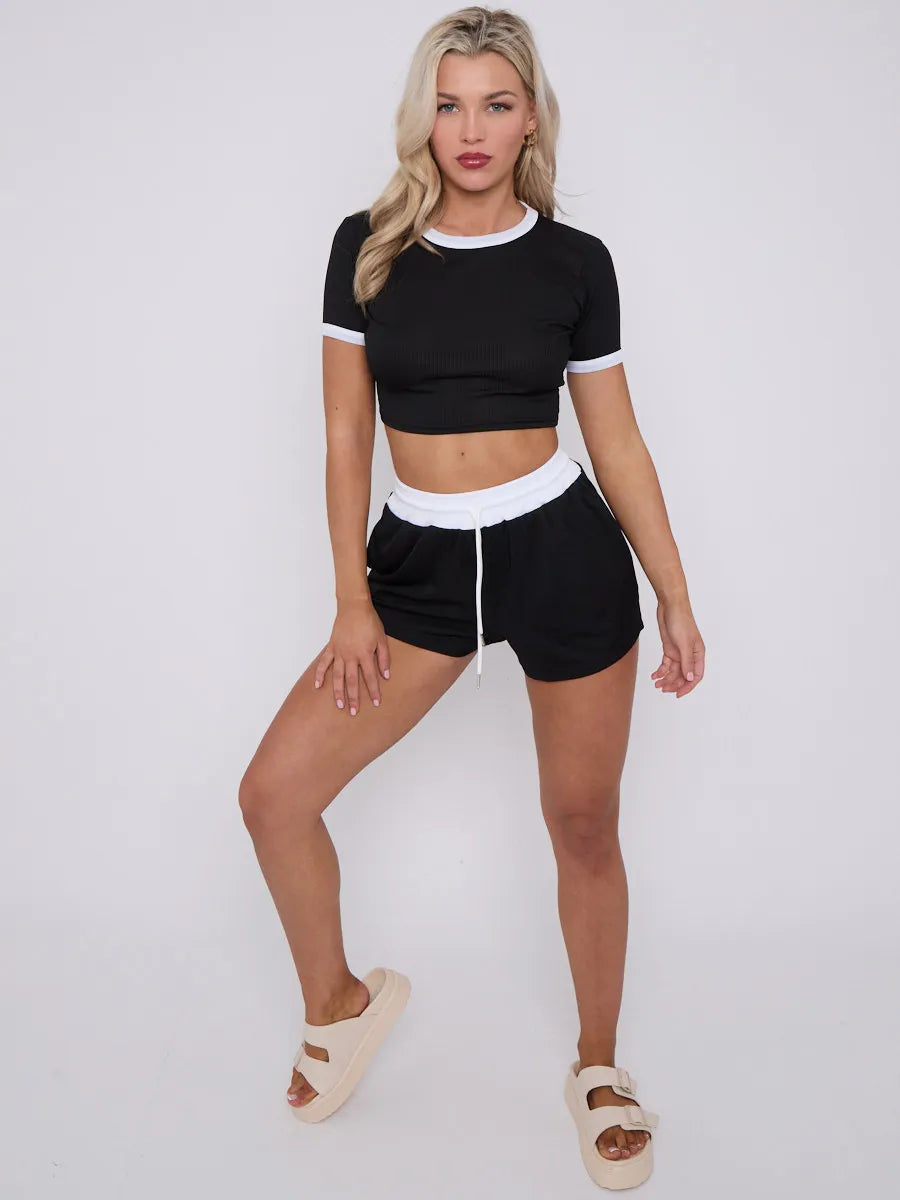 Black Contrast Trim Ribbed Crop Top & Shorts Loungewear Co-ord