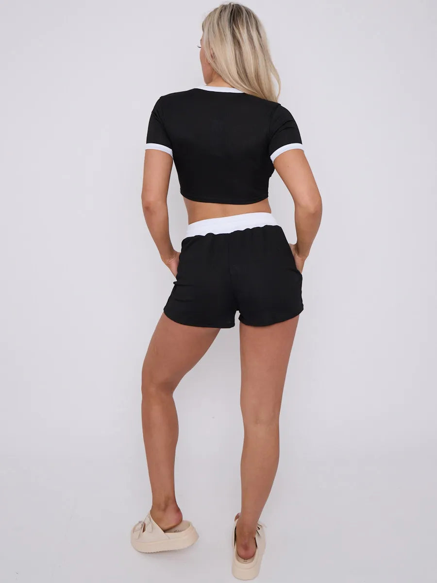 Black Contrast Trim Ribbed Crop Top & Shorts Loungewear Co-ord