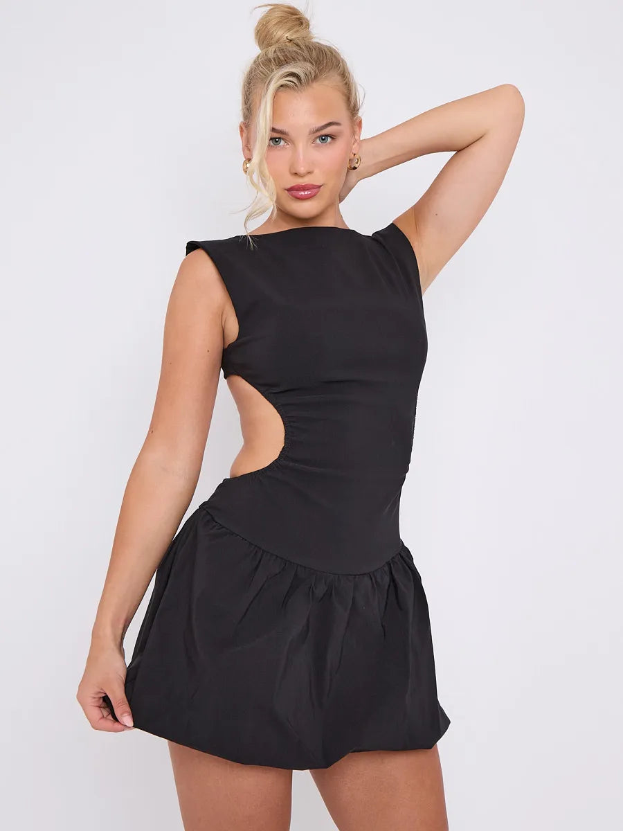 Black Cut Out Detail Puffball Balloon Dress