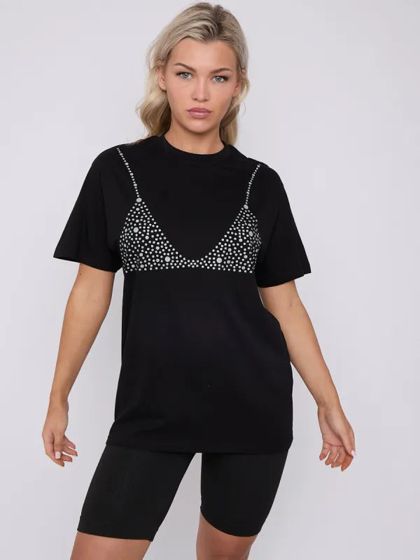 Black Glitter Bralet Pattern T-Shirt