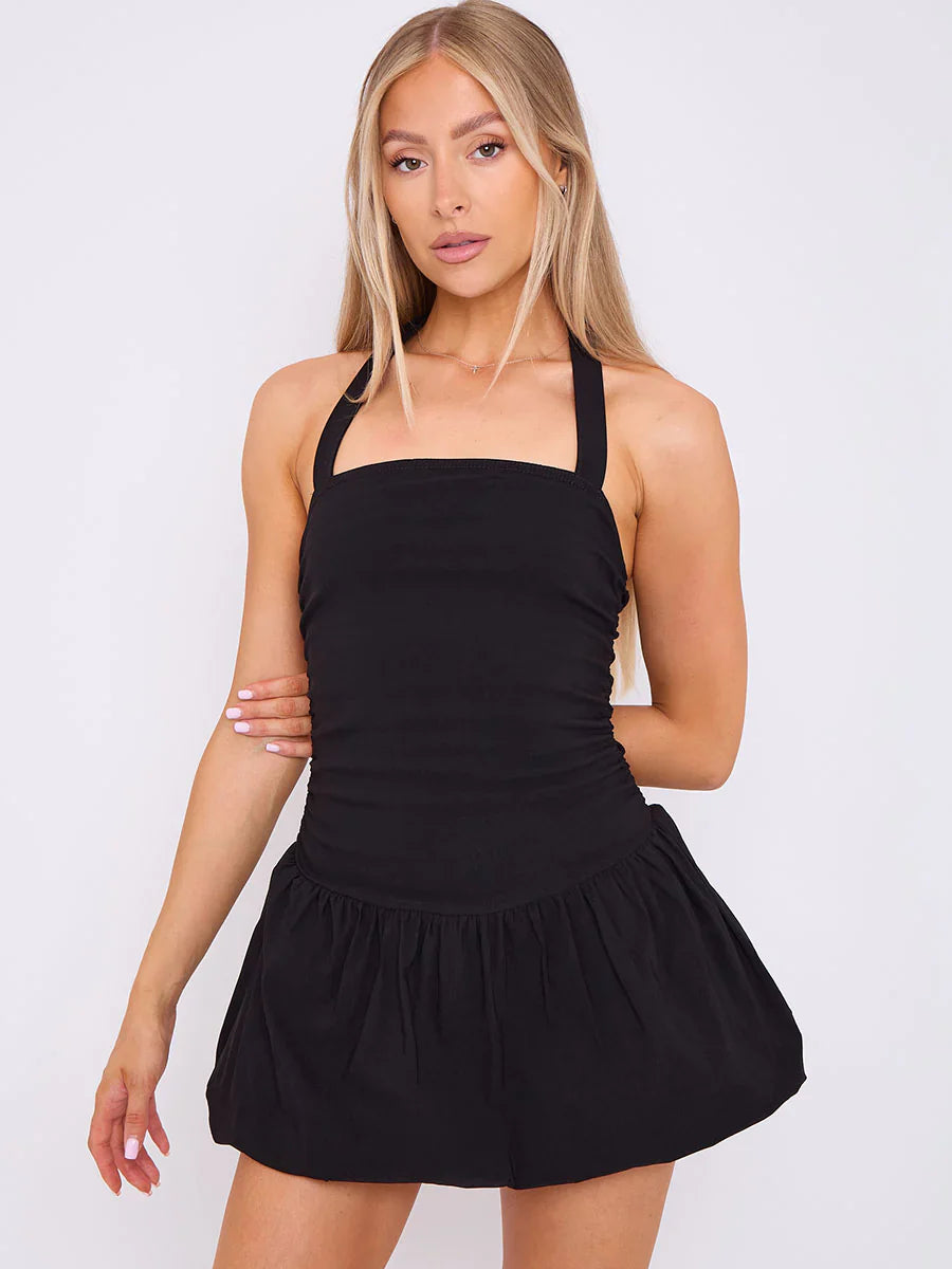 Black Halter Puffed Hem Mini Balloon Dress