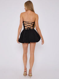 Black Lace Back Ruched Bandeau Puffball Bodycon Dress