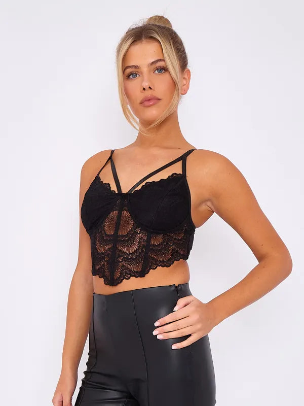 Black Lace Detail Corset Style Cami Crop Top