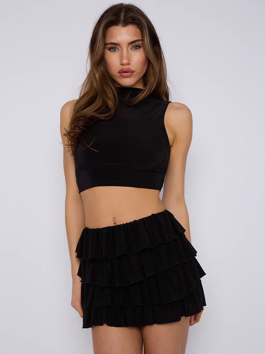 Black Multi Layered Frill Slinky Mini Skirt & Crop Top Co-ord Set