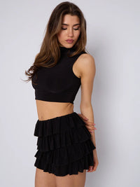 Black Multi Layered Frill Slinky Mini Skirt & Crop Top Co-ord Set