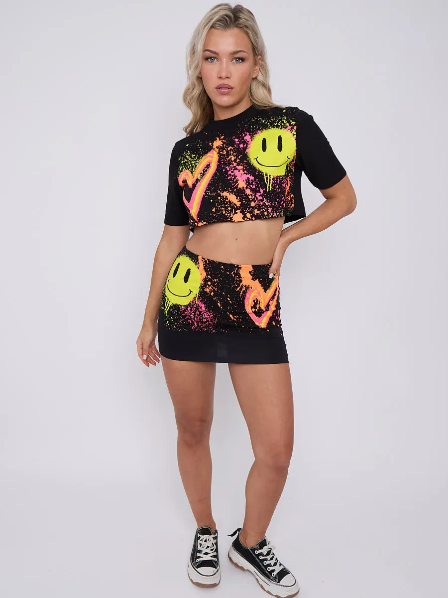 Black Paint Splash Smiley Face Graphic Crop Top & Mini Skirt Co-ord