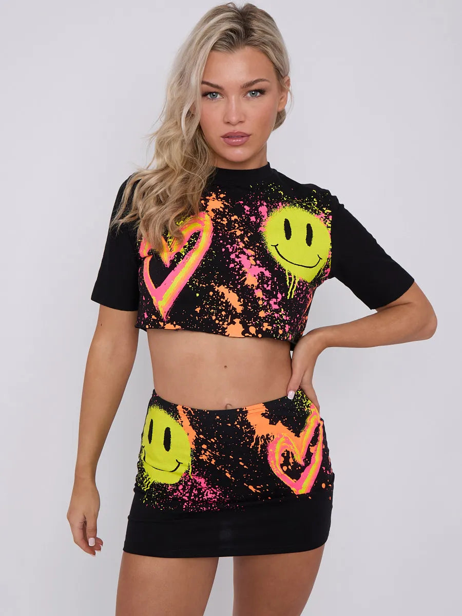 Black Paint Splash Smiley Face Graphic Crop Top & Mini Skirt Co-ord