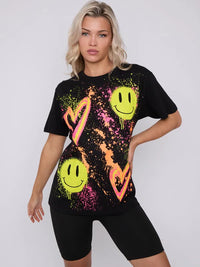 Black Paint Splash Smiley Heart Graphic Printed T-Shirt