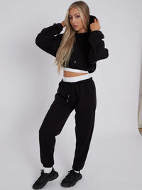 Black Rib Trim Detail Cropped Hoodie & Joggers Loungewear Set