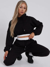 Black Rib Trim Detail Cropped Hoodie & Joggers Loungewear Set