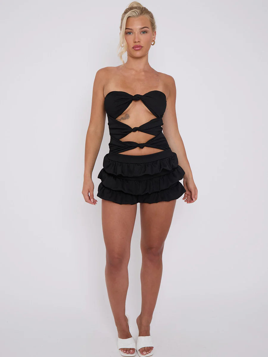 Black Ruffle Skirt Skort & Cut Out Knot Front Bandeau Bodysuit Co-ord