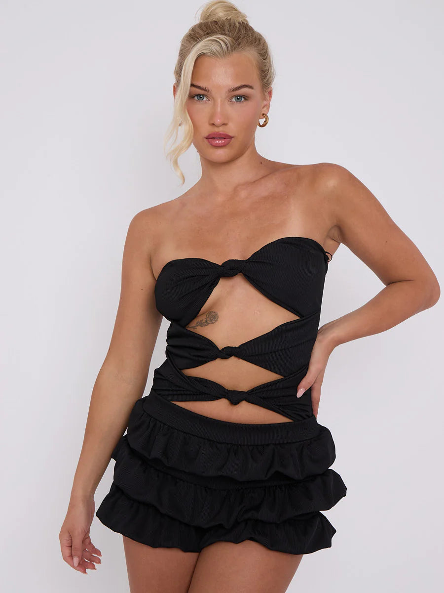 Black Ruffle Skirt Skort & Cut Out Knot Front Bandeau Bodysuit Co-ord