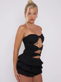 Black Ruffle Skirt Skort & Cut Out Knot Front Bandeau Bodysuit Co-ord