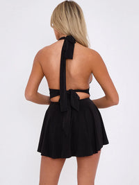 Black Slinky Halter Neck Frill Open Back Mini Dress