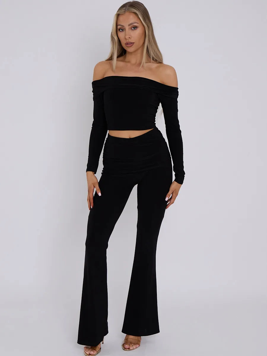 Black Slinky Off Shoulder Crop Top & Fold Over Flares Trousers Co-ord Set