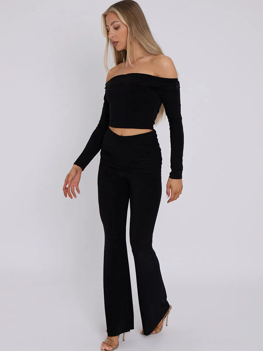Black Slinky Off Shoulder Crop Top & Fold Over Flares Trousers Co-ord Set