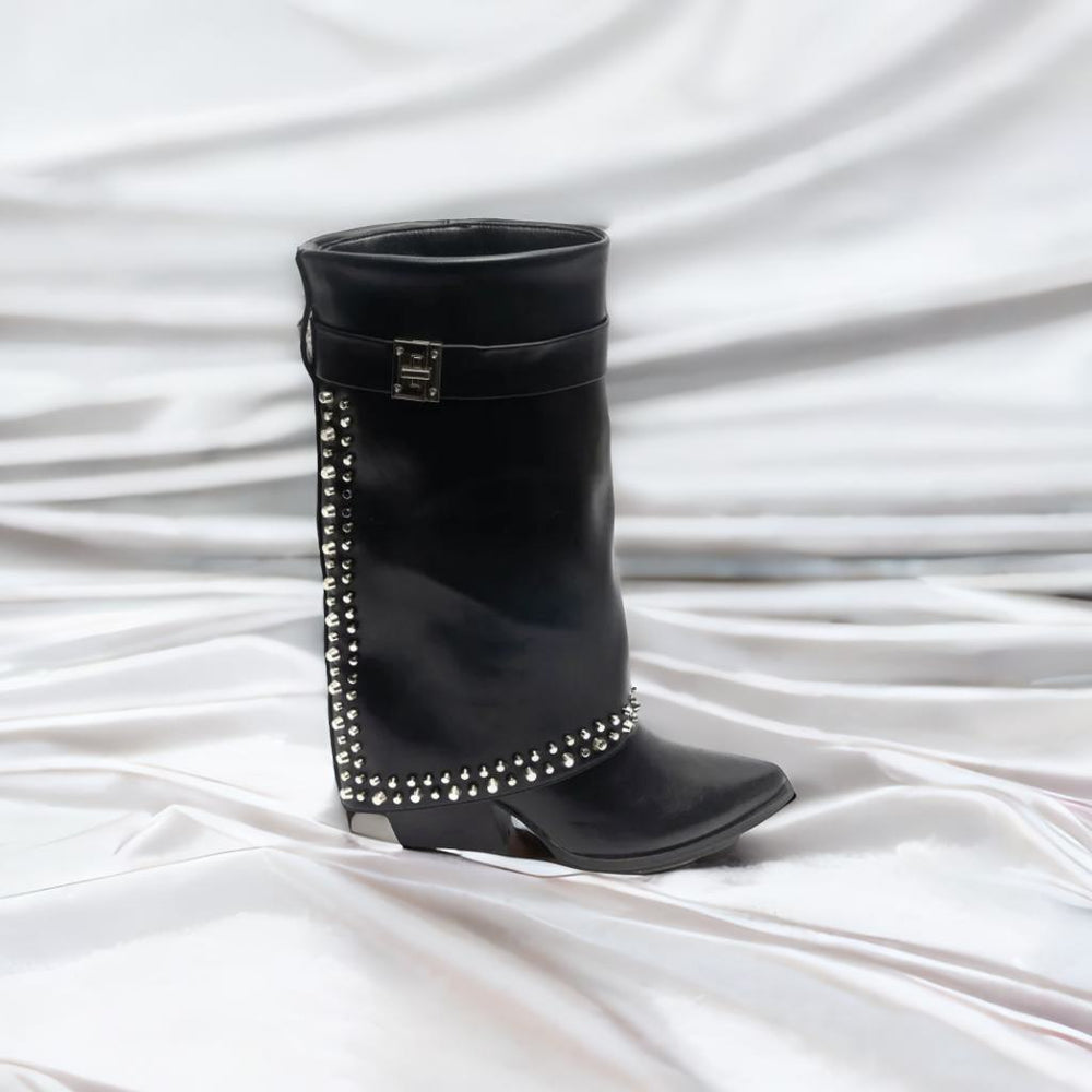 Black Studded Calf High Fold Over Cowboy Boot