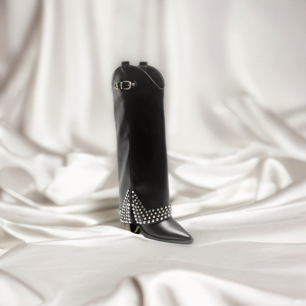 Black Studded Knee High Fold Over Buckle Cowboy Boot 