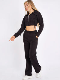 Black Zip Up Cropped Hoodie & Wide Leg Joggers Loungewear Set
