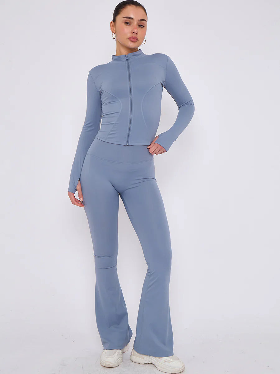 Blue Buttery Soft Ruched Contour Flare Trousers and Sports Jacket Co-Ord