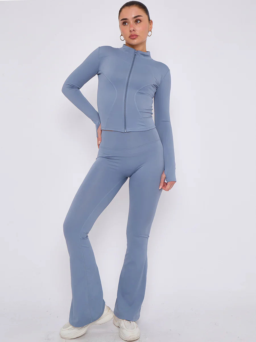 Blue Buttery Soft Ruched Contour Flare Trousers and Sports Jacket Co-Ord