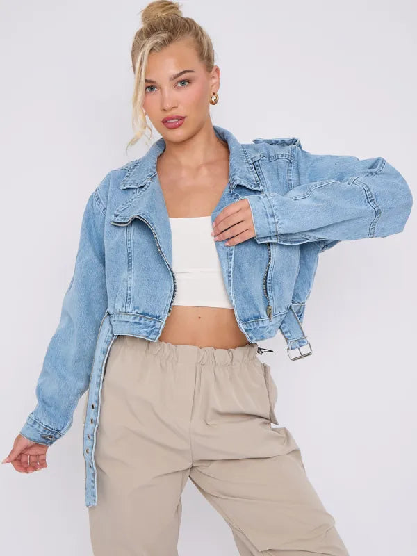 Blue Cropped Zip Up Biker Denim Jacket