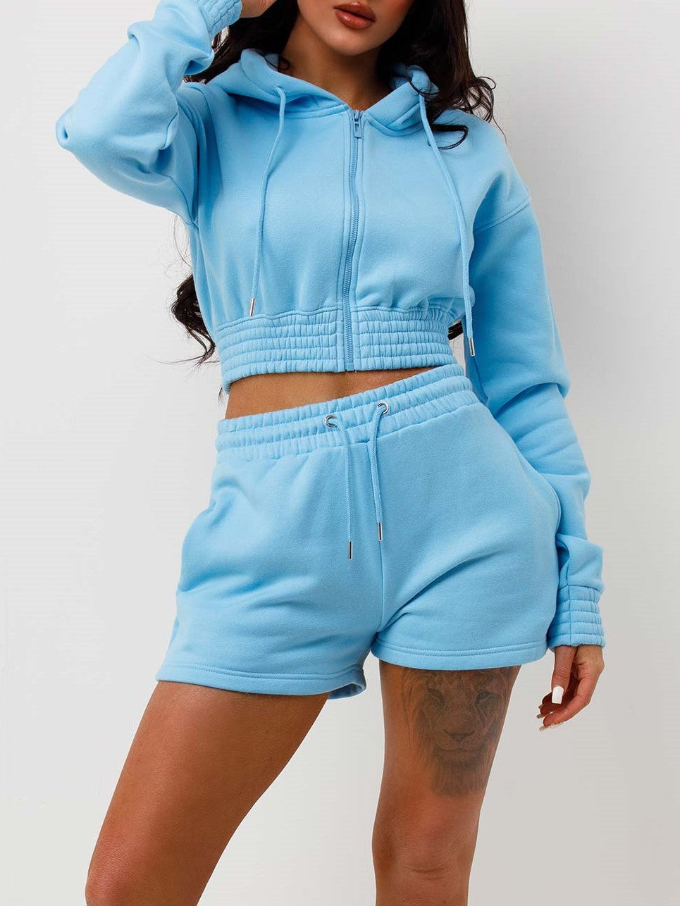 Blue Cropped Zip Up Hoodie & Shorts Loungewear Co-ord
