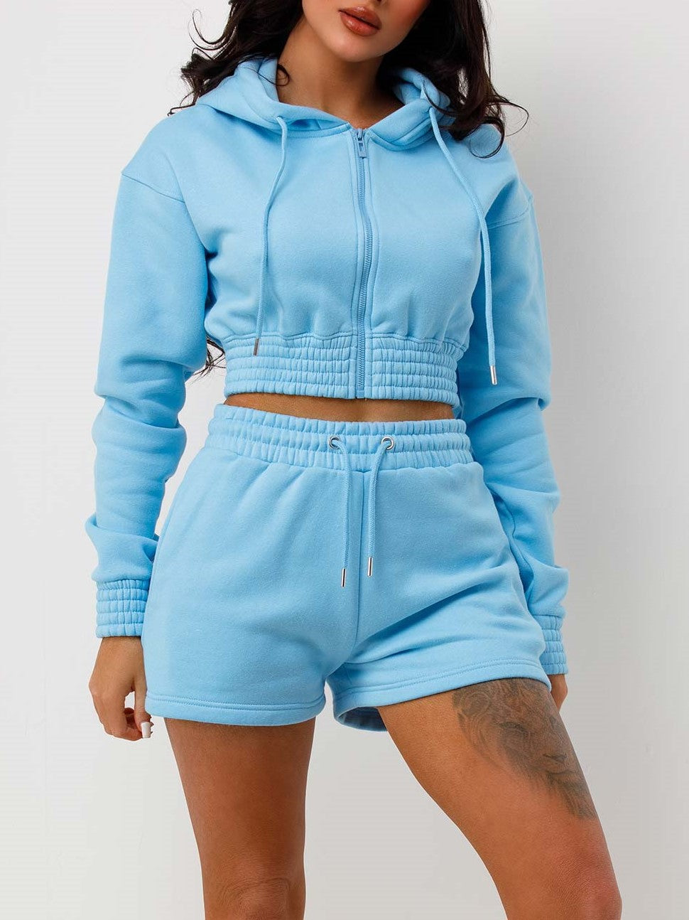 Blue Cropped Zip Up Hoodie & Shorts Loungewear Co-ord
