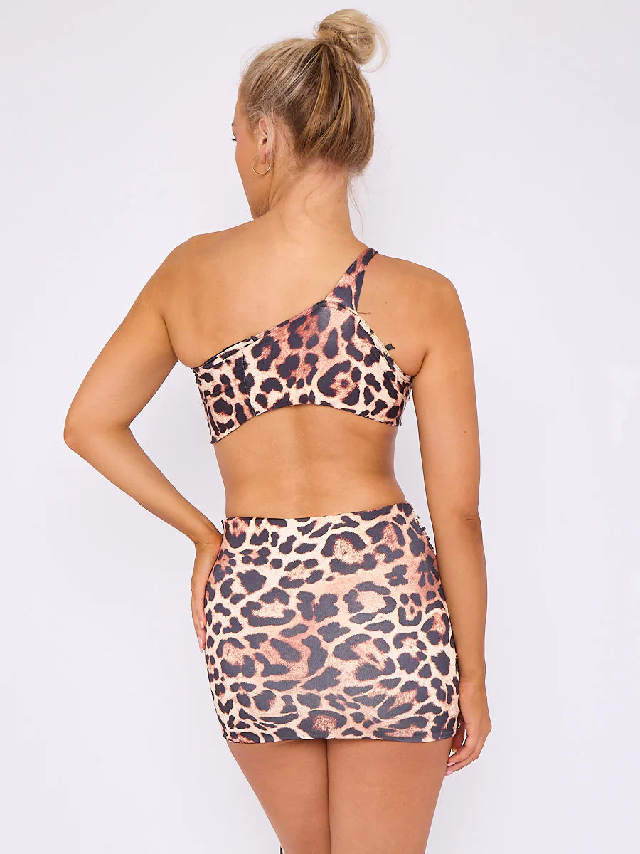 Brown Leopard Print Slinky Cross Top & Drape Mini Skirt Co-ord