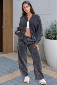 Charcoal Grey Acid Wash Oversized Bomber Zipper Loungewear Co-ord