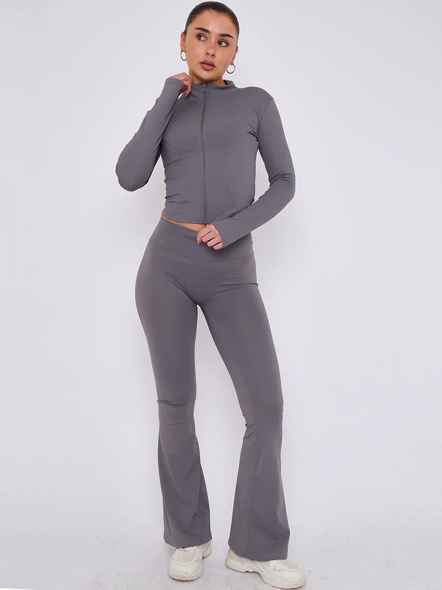 Charcoal Grey Buttery Soft Ruched Contour Flare Trousers and Sports Jacket Co-Ord